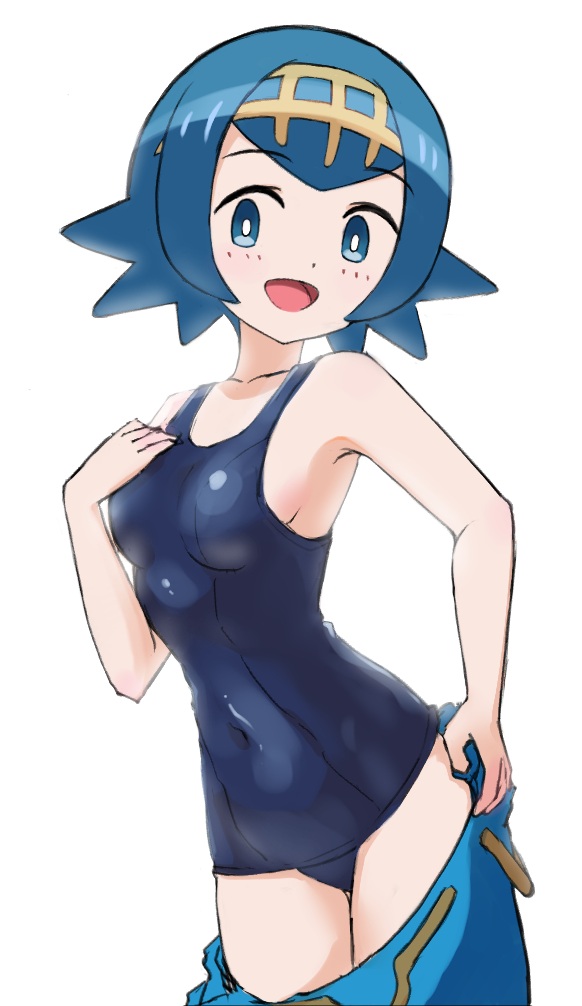 haruma (messy illust), lana (pokemon), nintendo, pokemon, 1girl, blue eyes, blue hair, blue one-piece swimsuit, breasts, one-piece swimsuit, open mouth, short hair, small breasts, solo, swimsuit