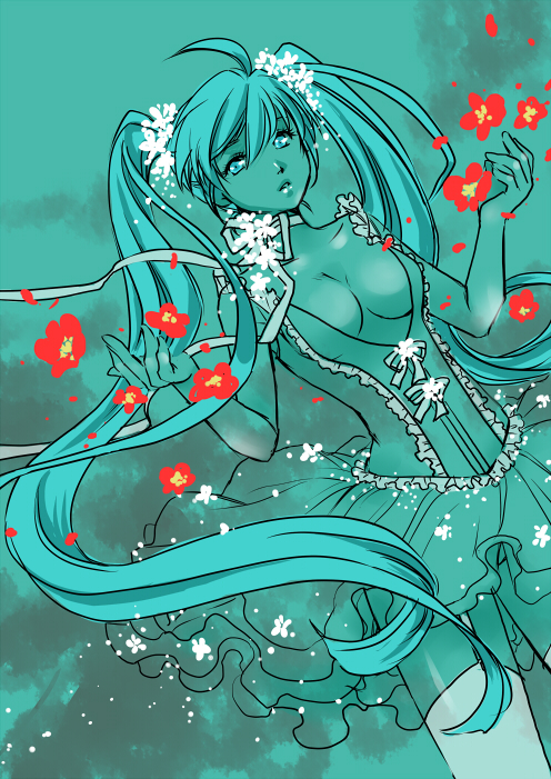 b.m., hatsune miku, vocaloid, 1girl, ahoge, blue eyes, breasts, cleavage, dress, female focus, flower, frills, long hair, looking at viewer, ribbon, solo, thighhighs, twintails