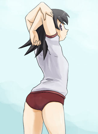 shiwashiwa no kinchakubukuru, takino tomo, azumanga daiou, lowres, arched back, ass, black hair, brown eyes, buruma, cowboy shot, gym uniform, solo, stretching