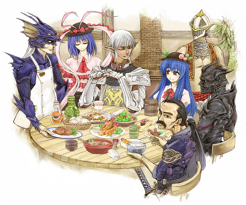 cervus, buront, cain highwind, cecil harvey, cyan garamonde, dark knight (final fantasy), dragoon (final fantasy), elvaan, hinanawi tenshi, nagae iku, ryu-san, samurai (final fantasy), vaan (ff11), final fantasy, final fantasy iv, final fantasy vi, final fantasy xi, m.u.g.e.n, the iron of yin and yang, the legend of gluttony, touhou, 00s, 1990s (style), 2girls, blue hair, closed eyes, crossover, dark knight, dragoon, elf, food, fruit, hat, long hair, multiple girls, peach, pointy ears, purple hair, ribbon, samurai, short hair