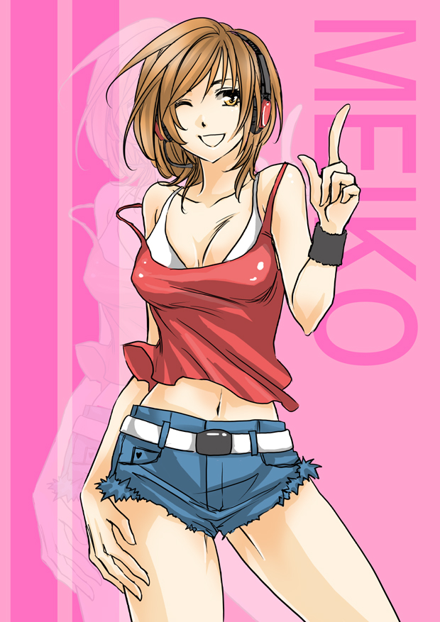 b.m., meiko (vocaloid), vocaloid, 1girl, belt, bra, brown eyes, brown hair, camisole, casual, denim, denim shorts, female focus, headphones, headset, lingerie, microphone, midriff, navel, one eye closed, shorts, smile, solo, underwear, wink