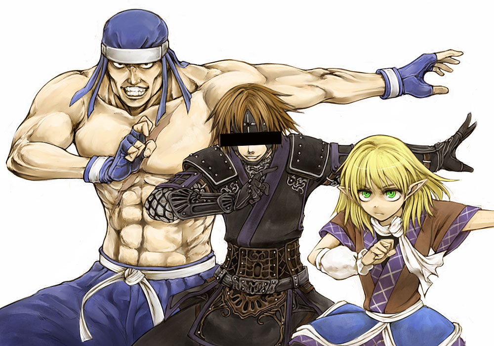 cervus, jin fu-ha, kitanai ninja, mizuhashi parsee, final fantasy, final fantasy xi, ryuuko no ken, the iron of yin and yang, touhou, 00s, 2boys, abs, arm warmers, bar censor, blonde hair, censored, censored identity, crossover, fingerless gloves, gloves, green eyes, hat, male focus, multiple boys, muscular, pointy ears, scarf, short hair, teeth