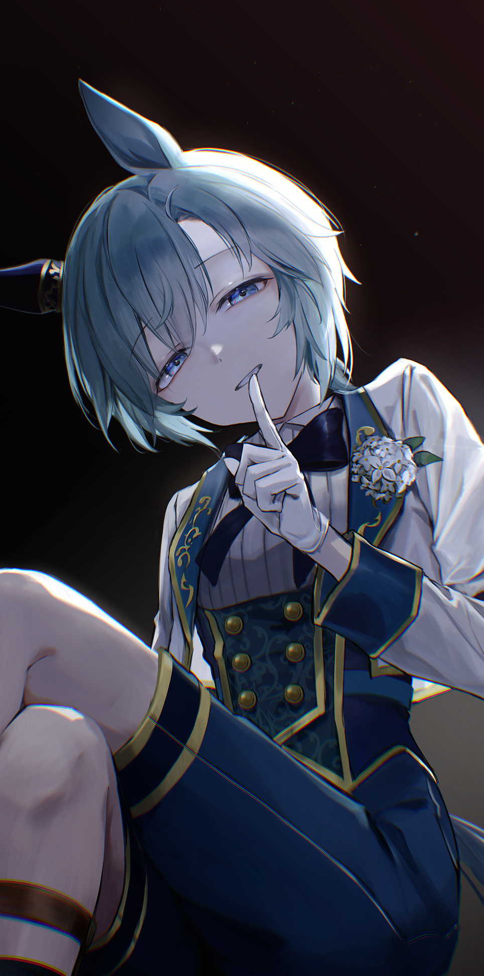 seikatsu, seiun sky (soiree de chaton) (umamusume), seiun sky (umamusume), umamusume, highres, 1girl, animal ears, black background, blue eyes, blue shorts, crossed legs, ear covers, flower, gloves, grey hair, hair between eyes, horse ears, horse girl, horse tail, long sleeves, looking at viewer, parted lips, shirt, short hair, shorts, single ear cover, sitting, solo, tail, teeth, white gloves, white shirt