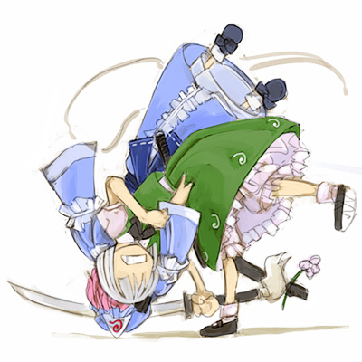 cervus, konpaku youmu, konpaku youmu (ghost), saigyouji yuyuko, touhou, silver hair, lowres, 2girls, female focus, flower, hat, hitodama, judo, judo throw, katana, multiple girls, pink hair, seoinage, short hair, sword, weapon, wrestling