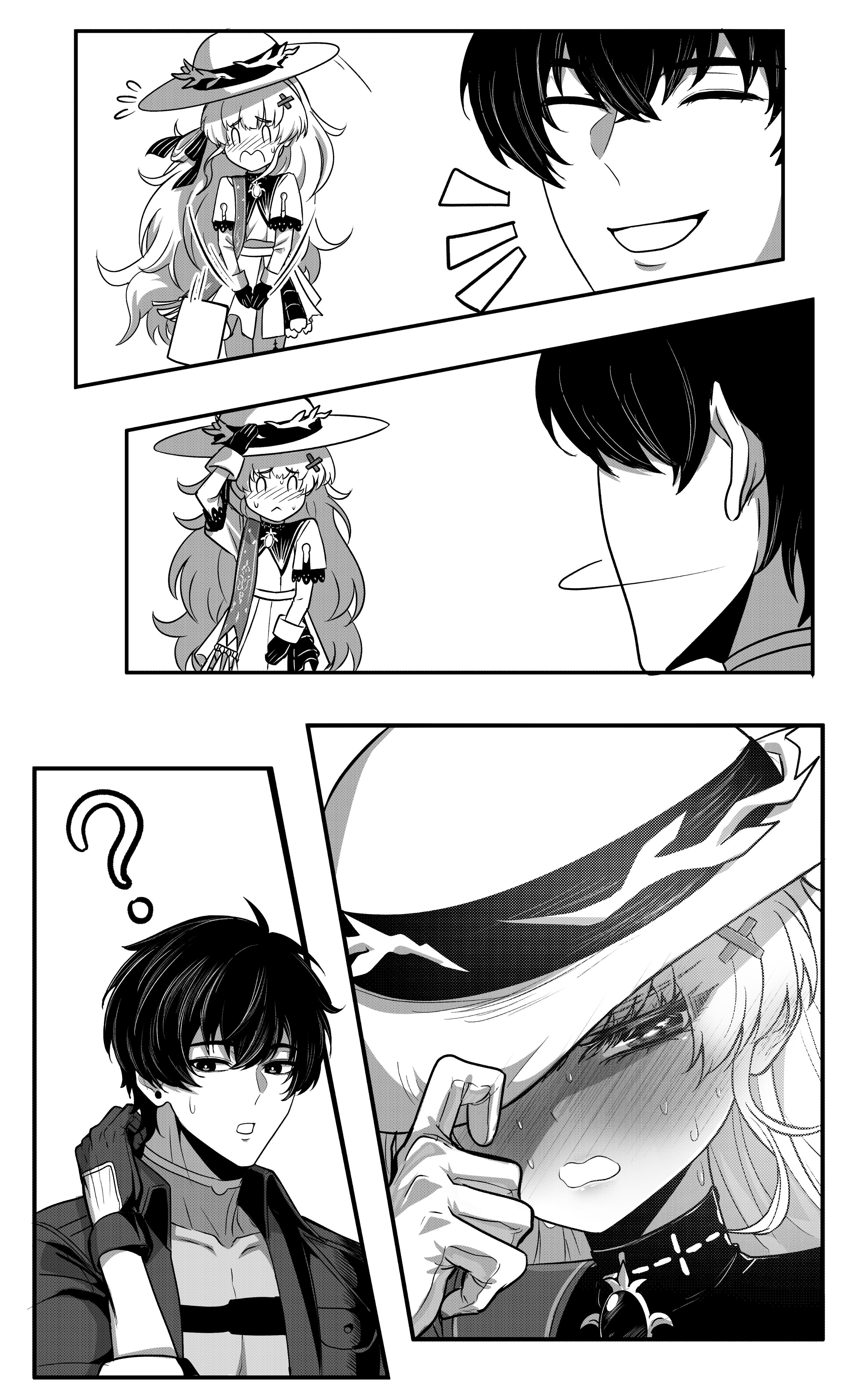 tu thanh, male rover (wuthering waves), phoebe (wuthering waves), rover (wuthering waves), wuthering waves, absurdres, commentary, highres, 1boy, 1girl, ?, blush, closed eyes, gloves, greyscale, hair ornament, hat, hat tug, jacket, laughing, long hair, long sleeves, monochrome, nose blush, open mouth, sash, shirt, skirt, smile, sweatdrop, x hair ornament