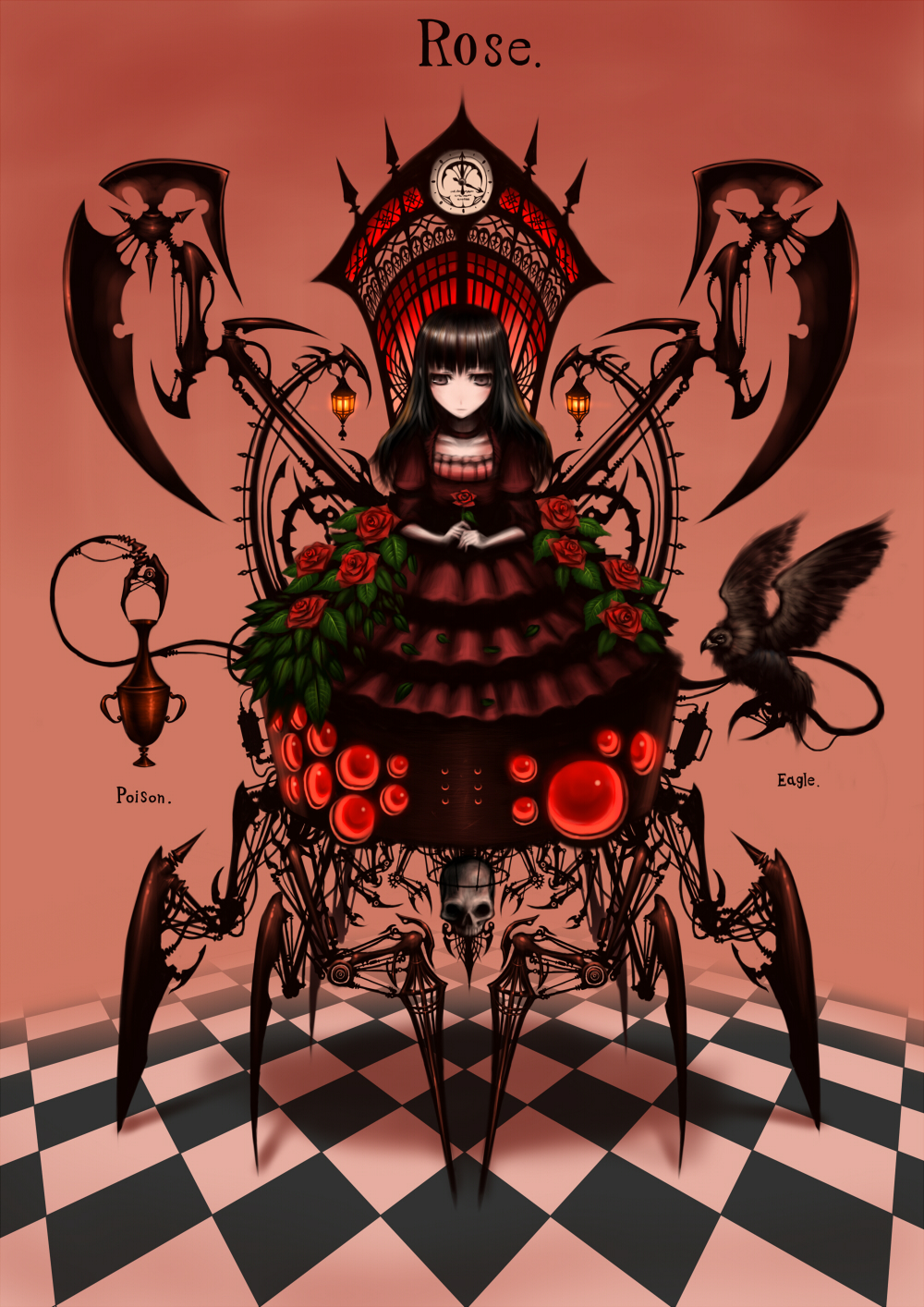 gia, original, highres, 1girl, bird, black hair, buzzard, dress, eagle, female focus, flower, gothic lolita, lolita fashion, mecha, red flower, red rose, robot, rose, skull, solo