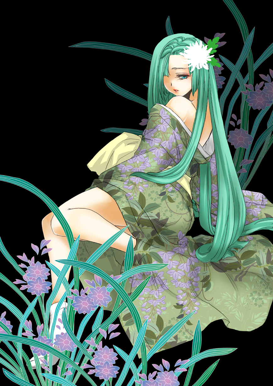 b.m., hatsune miku, vocaloid, highres, alternate hairstyle, aqua eyes, aqua hair, bare shoulders, flower, japanese clothes, long hair, lying, on side, solo, very long hair