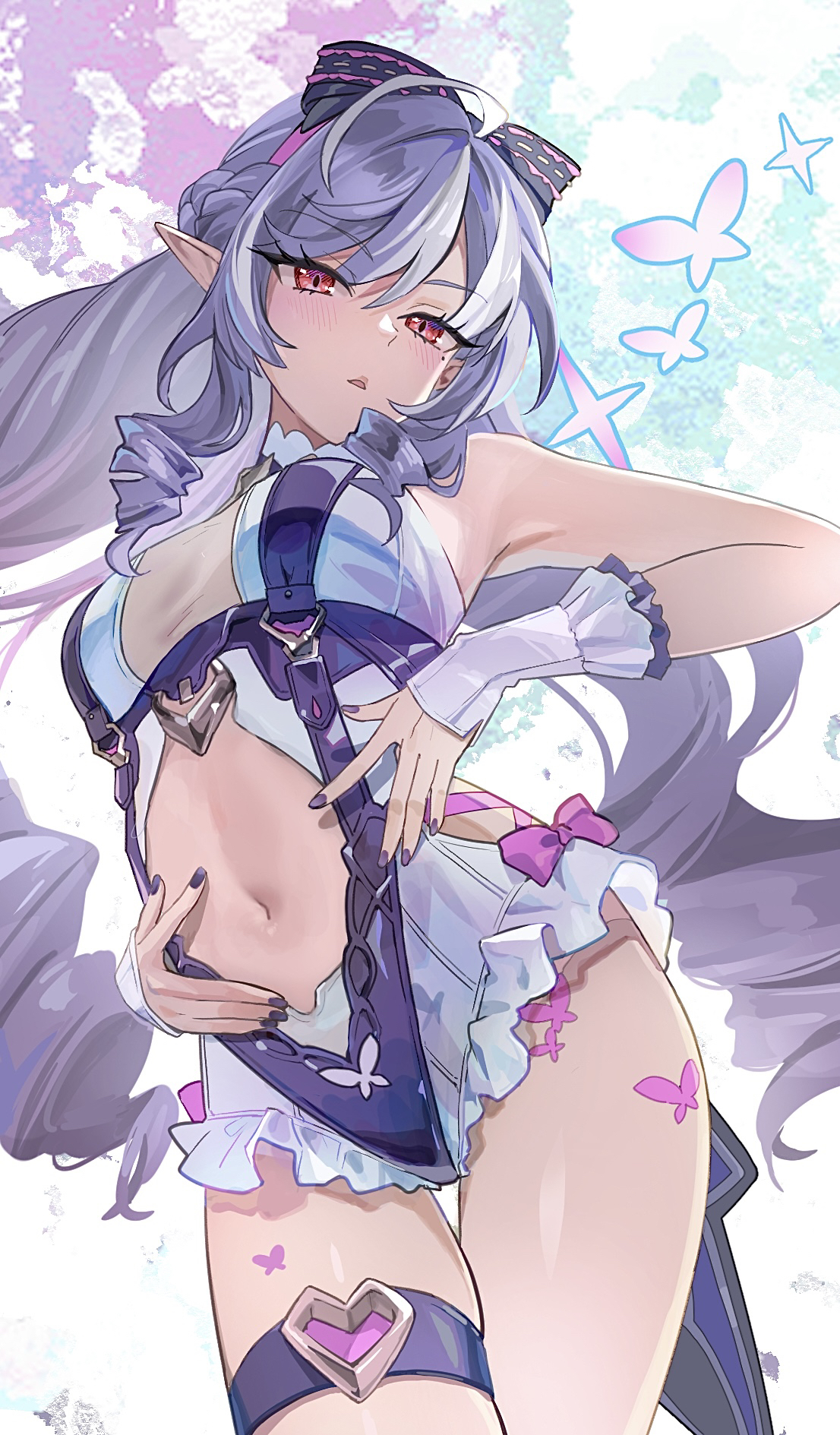 meltykiss0316, vivian banshee, vivian banshee (iris of the shore), zenless zone zero, commentary request, highres, 1girl, animal print, armpits, black bow, blush, bow, breasts, butterfly print, clothing cutout, cowboy shot, drill hair, frilled one-piece swimsuit, frilled wrist cuffs, frills, from below, hair between eyes, hair bow, long hair, looking at viewer, mole, mole under eye, navel, official alternate costume, one-piece swimsuit, open mouth, pink bow, pointy ears, purple hair, purple nails, red eyes, see-through clothes, sideboob cutout, solo, stomach, stomach cutout, swimsuit, thigh strap, three-toned background, two-tone one-piece swimsuit, wrist cuffs