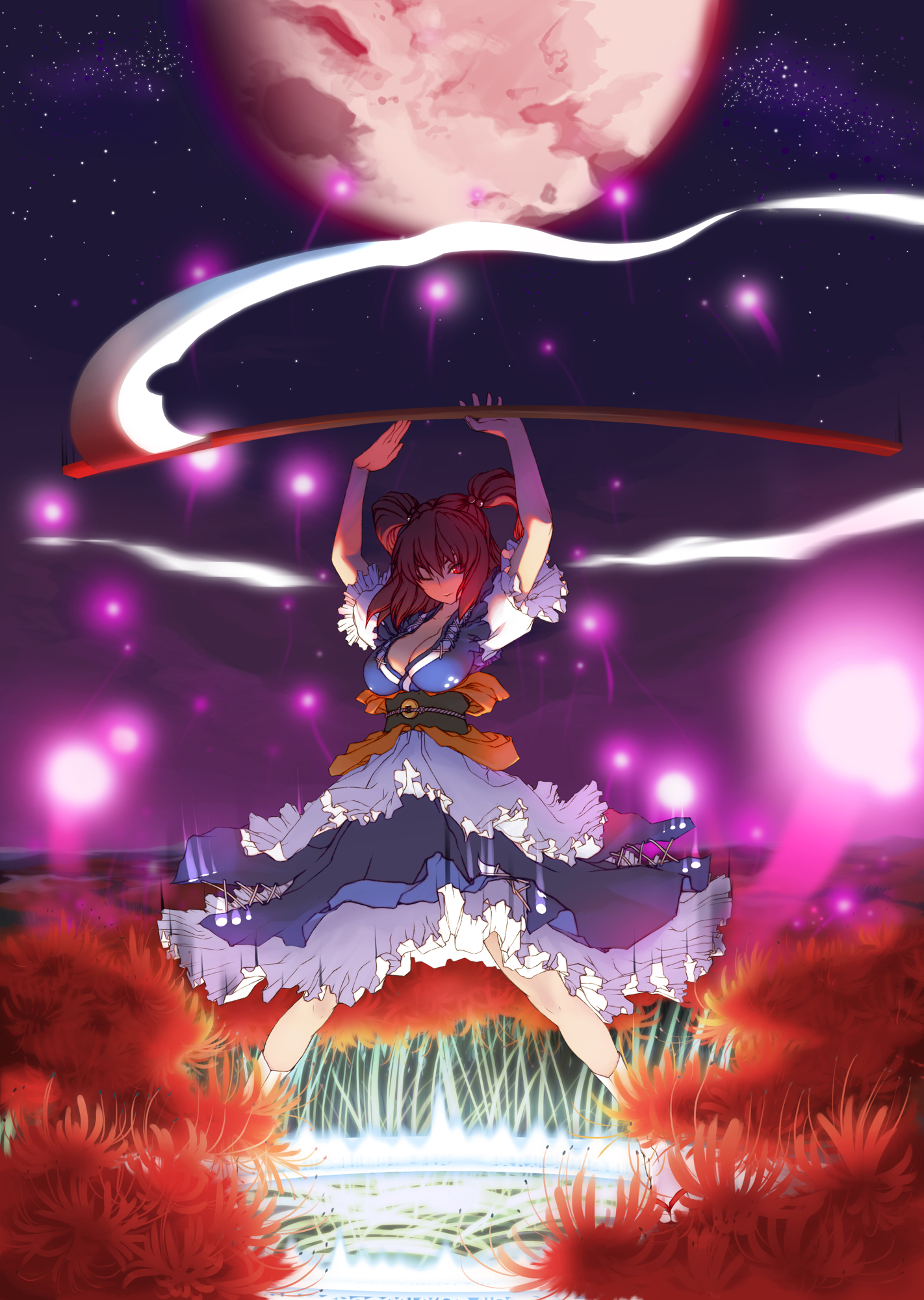 tsunekun, onozuka komachi, touhou, bad id, bad pixiv id, highres, 1girl, alternate weapon, arms up, breasts, cleavage, dress, female focus, flower, hair bobbles, hair ornament, large breasts, magic circle, moon, night, night sky, okobo, one eye closed, platform sandals, red eyes, red flower, red hair, red moon, sandals, scythe, short hair, sky, smile, solo, spider lily, star (sky), star (symbol), starry sky, twintails, two side up, weapon, wink