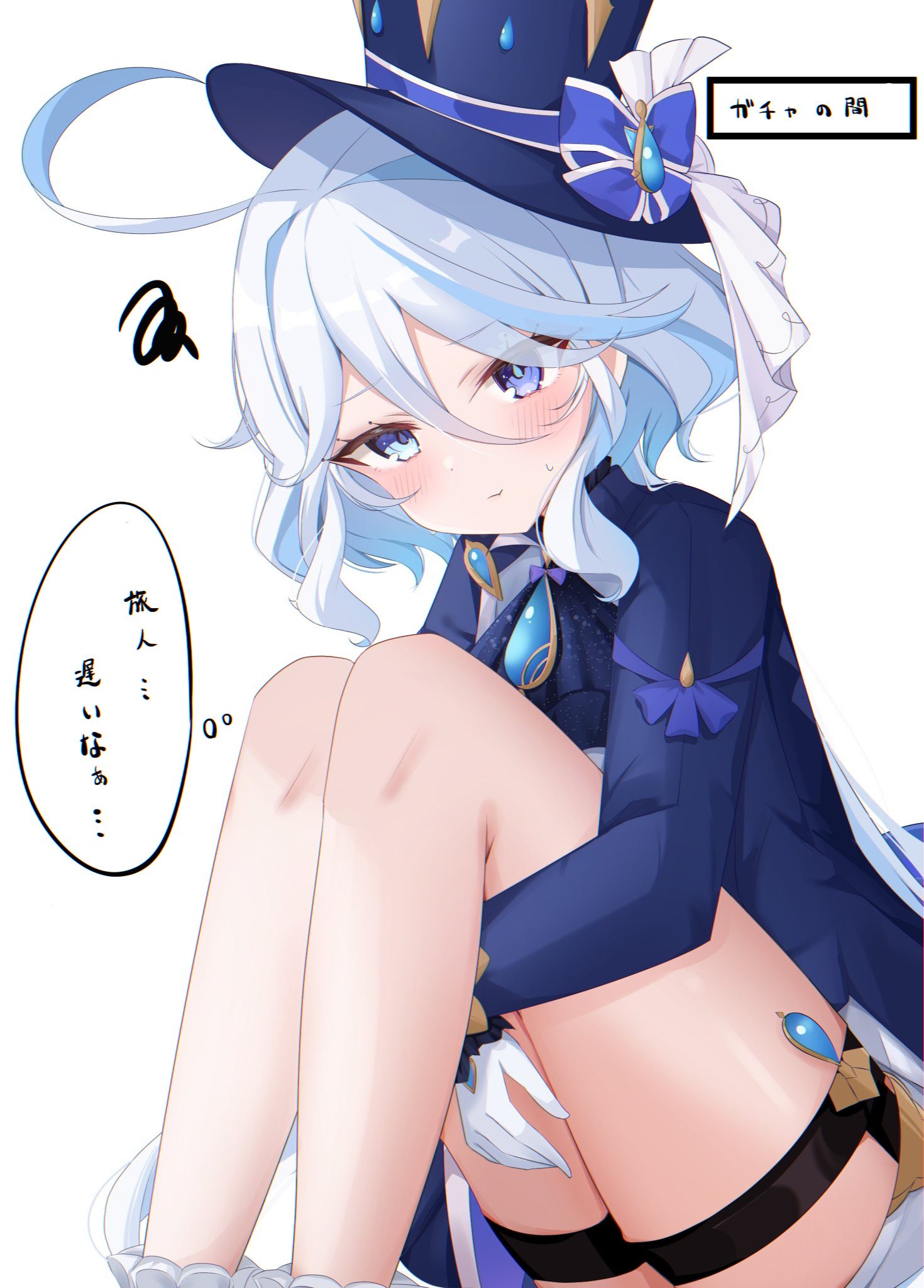 komor yuki, furina (genshin impact), genshin impact, highres, 1girl, ahoge, blue eyes, blue hair, blue hat, blush, closed mouth, gloves, hair between eyes, hat, heterochromia, jewelry, long hair, long sleeves, looking at viewer, multicolored hair, solo, streaked hair, symbol-shaped pupils, top hat, white gloves, white hair