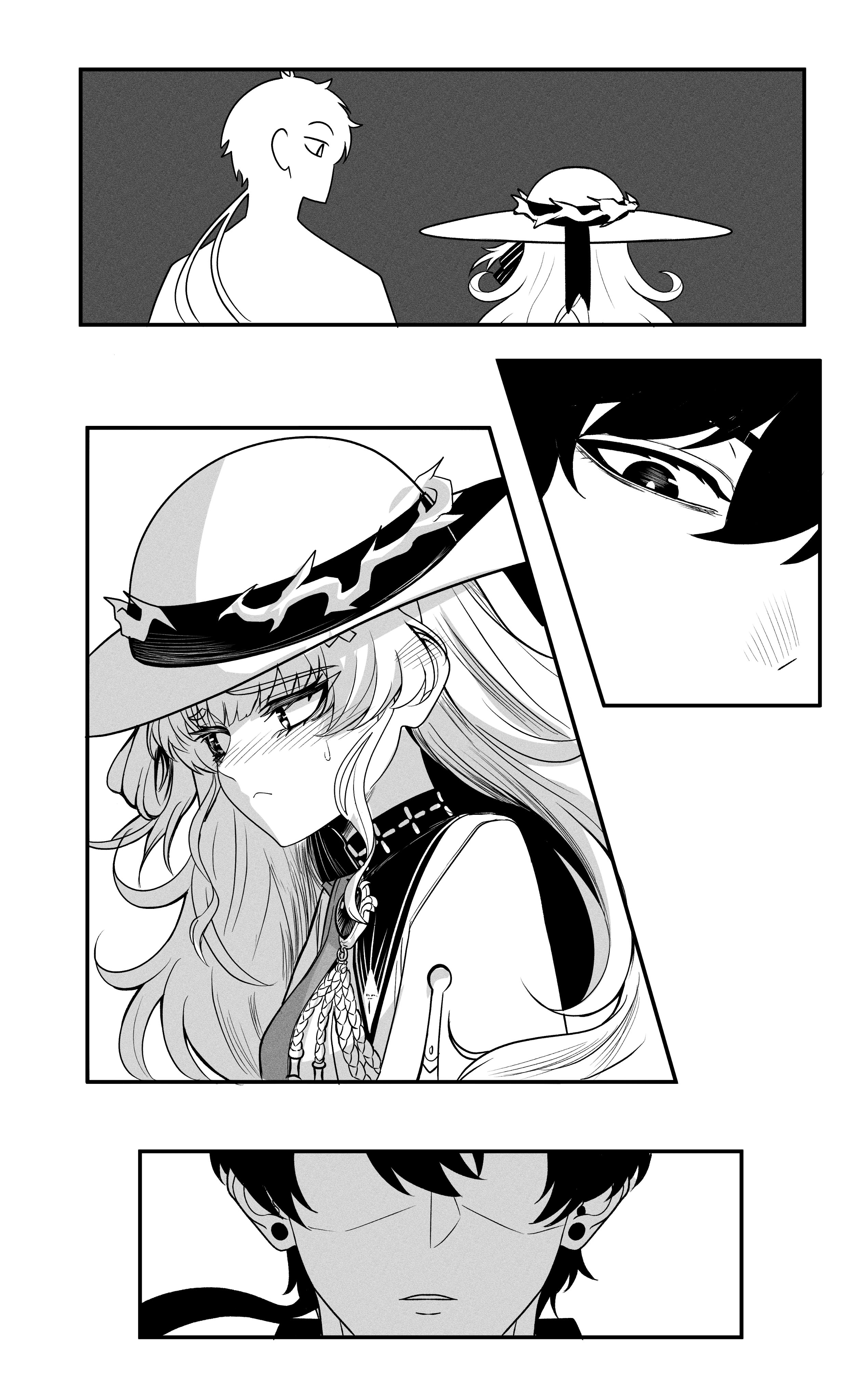 tu thanh, male rover (wuthering waves), phoebe (wuthering waves), rover (wuthering waves), wuthering waves, absurdres, commentary, highres, 1boy, 1girl, averting eyes, blush, breasts, closed mouth, ear blush, greyscale, hat, long hair, looking at another, medium breasts, monochrome, no eyes, parted lips, sash, sweatdrop