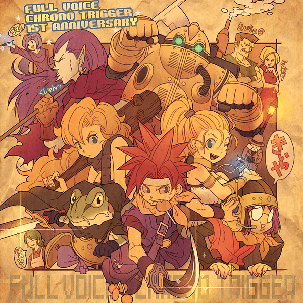 ookami (pixiv27280), ayla (chrono trigger), crono's mother, frog (chrono trigger), gaspar, gina (chrono trigger), lucca ashtear, magus (chrono trigger), marle (chrono trigger), robo (chrono trigger), schala zeal, chrono (series), chrono trigger, translation request, 1990s (style), 4boys, 6+girls, candy, club (weapon), english text, food, frog, helmet, holding, holding club, holding weapon, jewelry, lamppost, lollipop, multiple boys, multiple girls, pendant, ponytail, pushing, retro artstyle, robot, round eyewear, scythe, smile, sneezing, speech bubble, sword, weapon