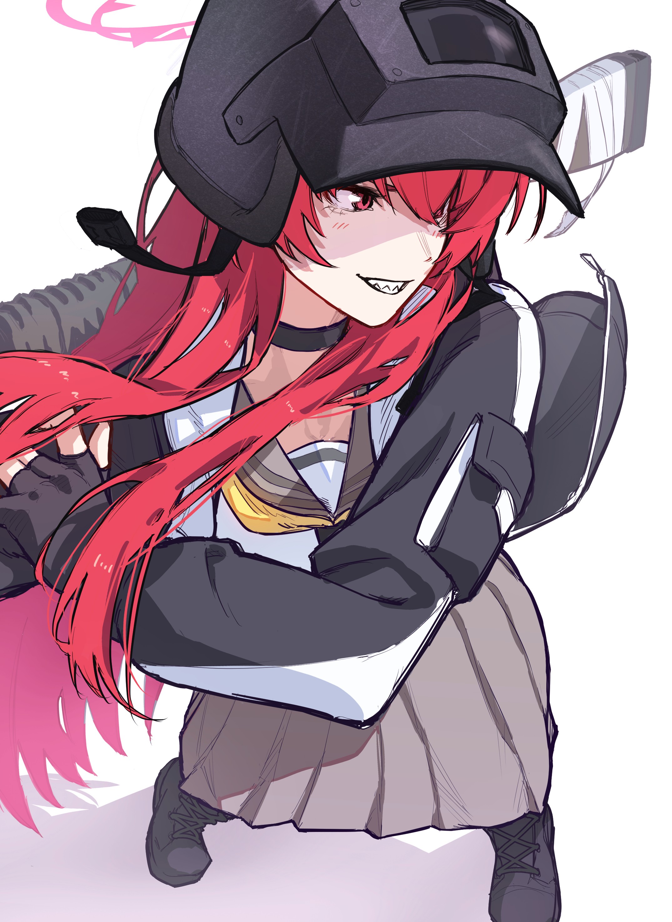 xiegitoai, rabu (blue archive), blue archive, absurdres, commentary, highres, 1girl, altyn helmet, black boots, black choker, black gloves, black helmet, boots, brown sailor collar, brown skirt, choker, combat helmet, fingerless gloves, gloves, gun, halo, helmet, holding, holding behind neck, holding gun, holding weapon, jacket, long hair, long skirt, long sleeves, mossberg 590, neckerchief, red eyes, red hair, red halo, sailor collar, school uniform, serafuku, sharp teeth, shotgun, simple background, skirt, solo, teeth, very long hair, weapon, white background, white serafuku, yellow neckerchief