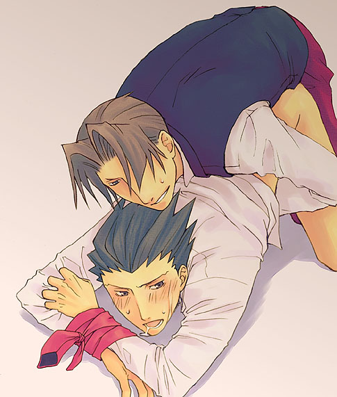 miles edgeworth, phoenix wright, ace attorney, capcom, 2boys, anal, bdsm, blush, bondage, bottomless, bound, from behind, gradient background, handjob, male focus, male penetrated, multiple boys, penis, saliva, yaoi
