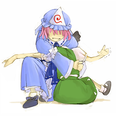 cervus, konpaku youmu, saigyouji yuyuko, touhou, lowres, 2girls, female focus, hat, mob cap, multiple girls, pink hair, short hair, skirt, white background
