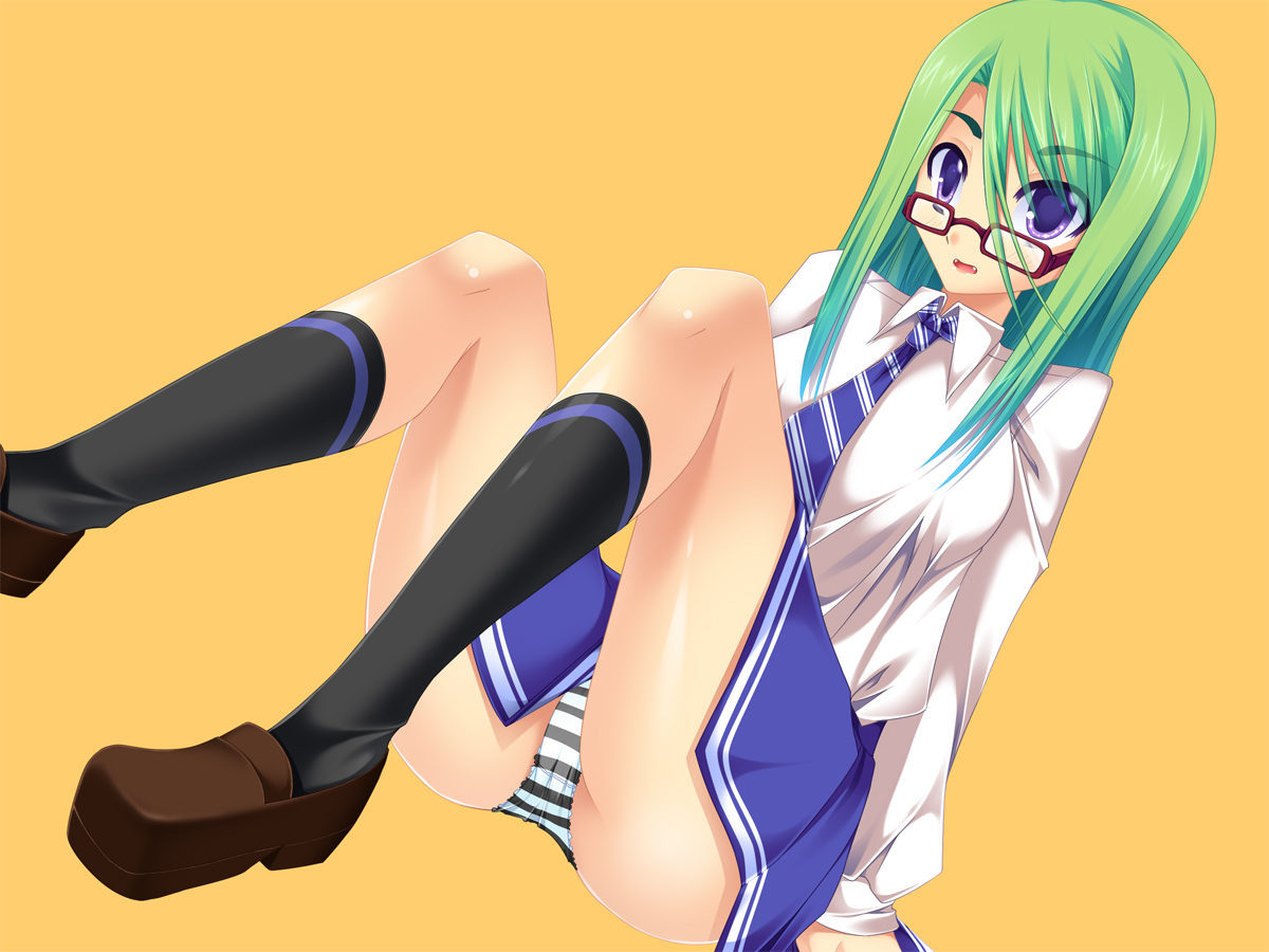 kirise mitsuru, bad id, bad pixiv id, glasses, green hair, necktie, panties, purple eyes, school uniform, short hair, solo, striped clothes, striped panties, underwear