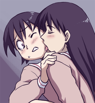 shiwashiwa no kinchakubukuru, sakaki (azumanga daioh), takino tomo, azumanga daiou, lowres, 2girls, assertive female, black hair, blush, licking, licking another's face, multiple girls, pink theme, school uniform, serafuku, tears, yuri