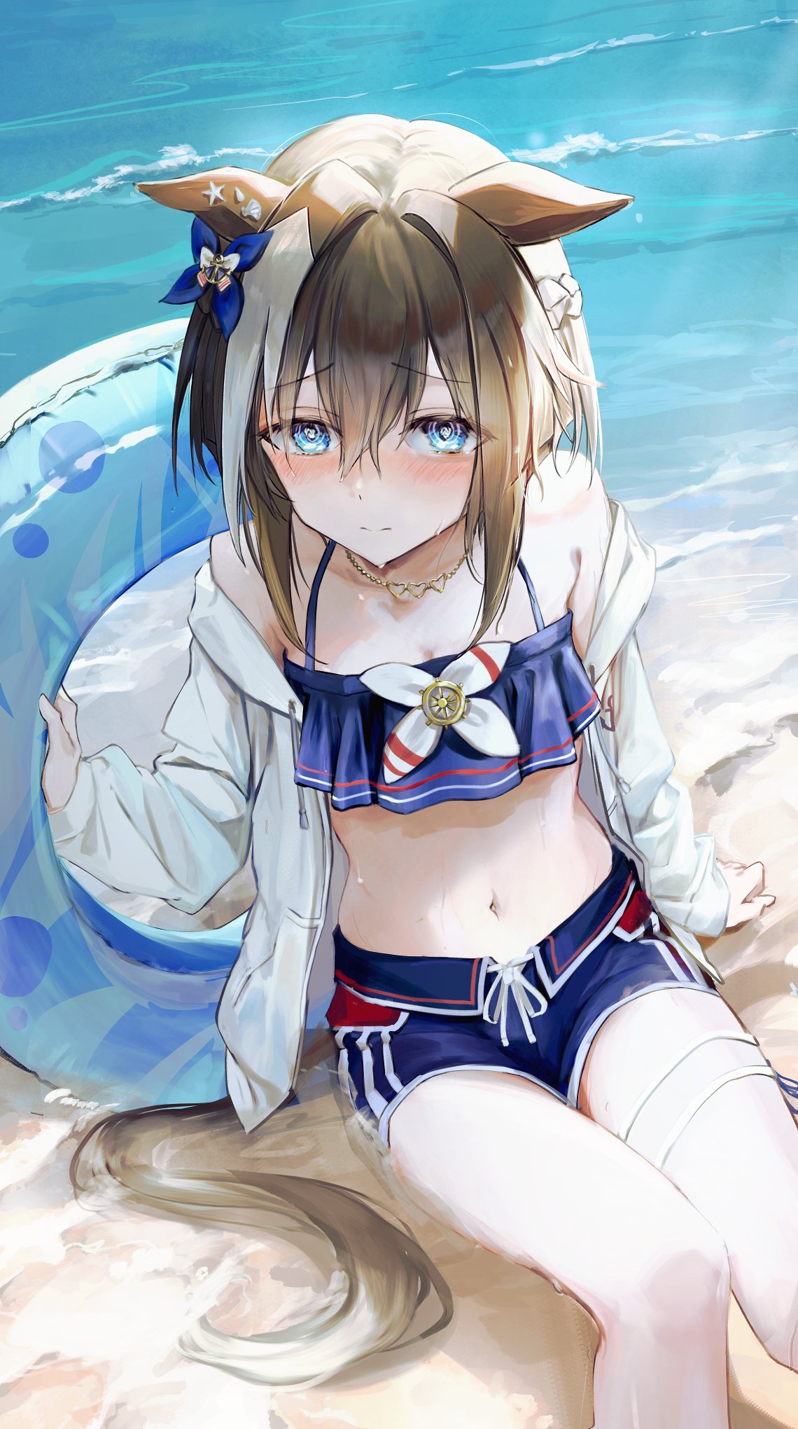 seikatsu, cheval grand (summer calm navy drop) (umamusume), cheval grand (umamusume), umamusume, highres, 1girl, animal ears, bare shoulders, beach, bikini, bikini shorts, blue bikini, blue eyes, blue swim trunks, blush, braid, breasts, brown hair, closed mouth, collarbone, hair between eyes, holding, holding swim ring, horse ears, horse girl, horse tail, innertube, jacket, jewelry, looking at viewer, multicolored hair, navel, necklace, ocean, official alternate costume, official alternate hairstyle, outdoors, shorts, sitting, solo, streaked hair, swim ring, swimsuit, tail, thigh strap, water, wet, white jacket, white streaks