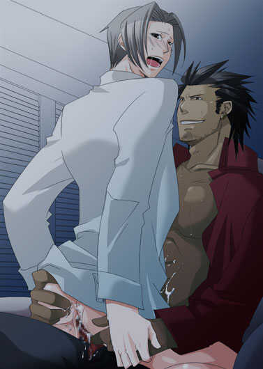 diego armando, miles edgeworth, ace attorney, capcom, 2boys, anal, blush, bottomless, censored, cum, cum in ass, ejaculation, male focus, male penetrated, multiple boys, open clothes, open shirt, penis, saliva, shirt, tears, yaoi
