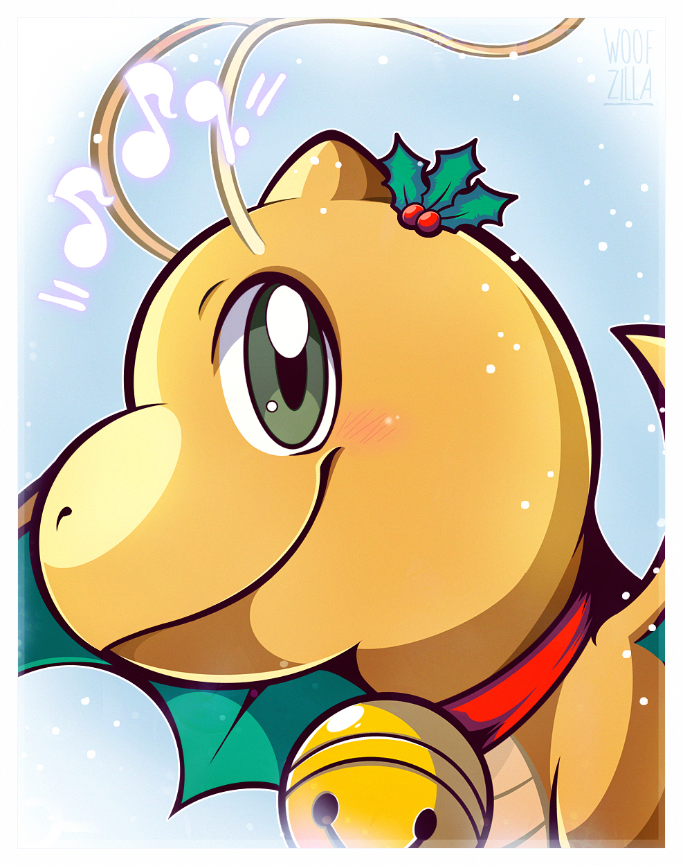 woofzilla, dragonite, nintendo, pokemon, commentary, english commentary, highres, bell, border, closed mouth, gen 1 pokemon, green eyes, holly, jingle bell, looking at viewer, musical note, neck bell, no humans, pokemon (creature), smile, solo, white border