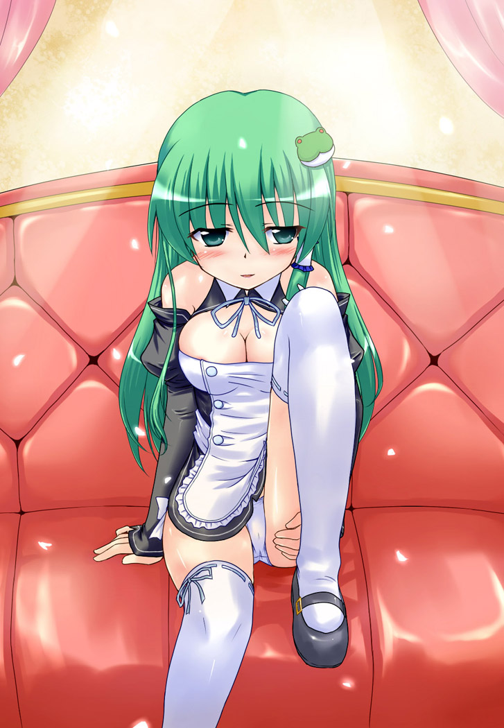 yashiro, yashiro (sakananohone), futaba riho, kochiya sanae, dream c club, dream c club (series), touhou, 1girl, blush, breasts, cleavage, cosplay, female focus, frog, futaba riho (cosplay), green eyes, green hair, indoors, large breasts, matching hair/eyes, naughty face, panties, smile, solo, thighhighs, underwear