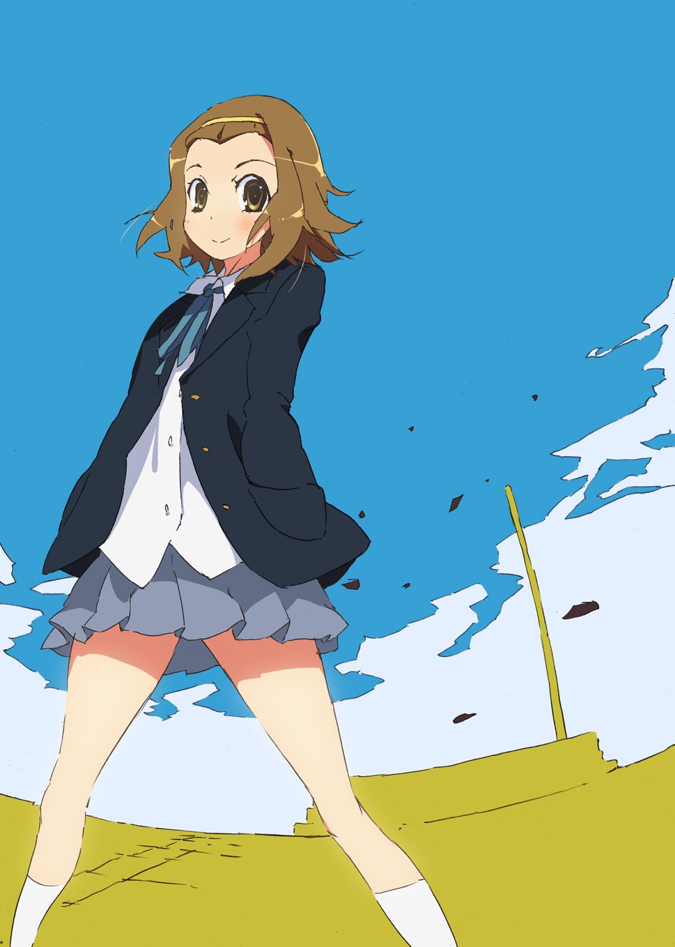 kitano yuusuke, tainaka ritsu, k-on!, highres, 00s, 1girl, blazer, blush, brown eyes, brown hair, female focus, jacket, legs, outdoors, pleated skirt, school uniform, short hair, skirt, sky, smile, solo, tomboy, wind