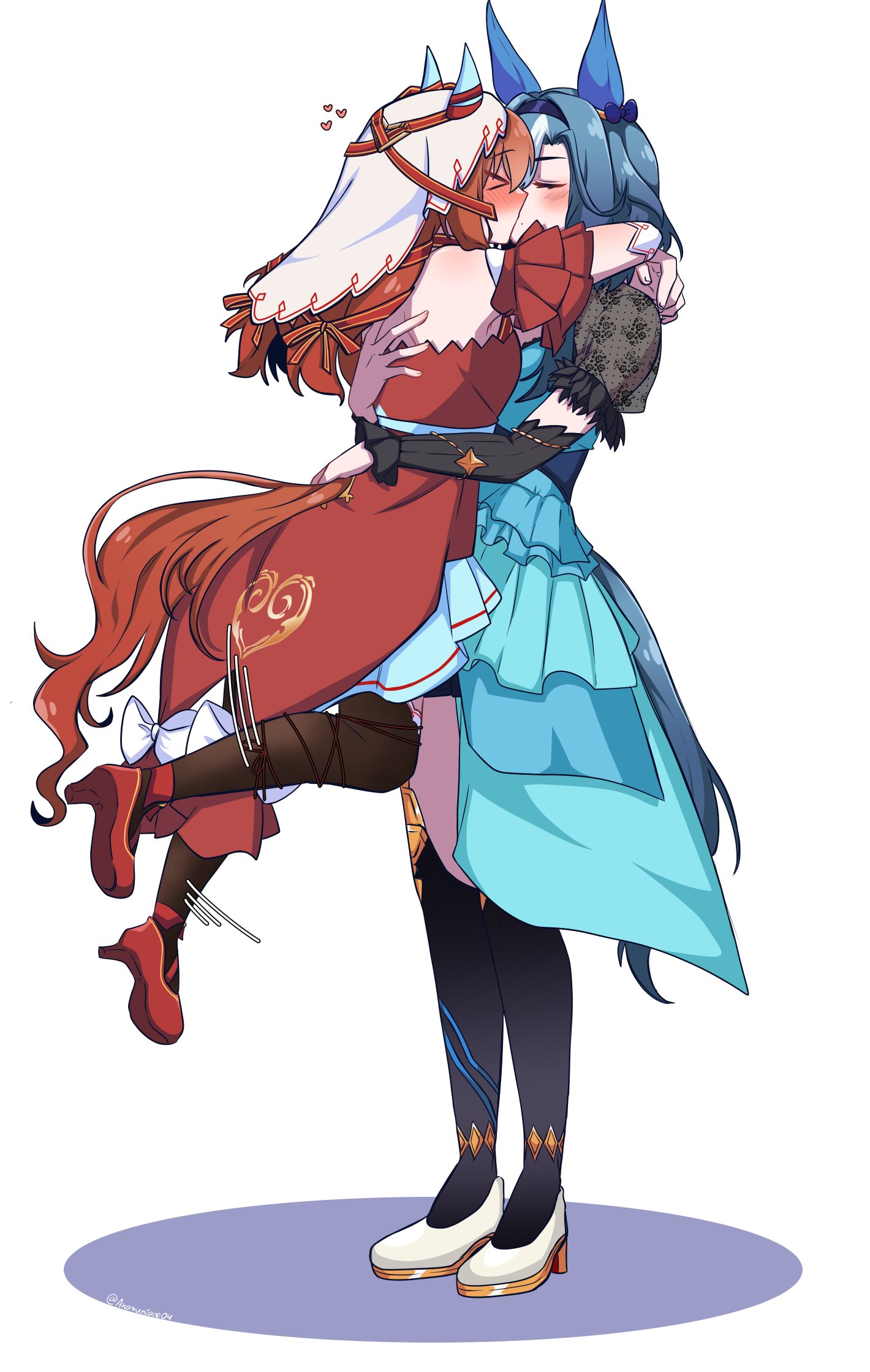 akasukiane04, admire groove (umamusume), still in love (scarlet vow raiment) (umamusume), still in love (umamusume), umamusume, highres, > <, 1girl, 2girls, animal ears, black pantyhose, black sleeves, black thighhighs, blue dress, blue hair, blush, bow, breasts, brown hair, detached sleeves, dress, ear covers, ear ribbon, full body, hair between eyes, hair ornament, hairband, heart, horse ears, horse girl, horse tail, hug, kiss, long hair, mole, mole under mouth, multicolored hair, multiple girls, pantyhose, red dress, red ribbon, ribbon, shoes, short sleeves, simple background, streaked hair, string, tail, thighhighs, veil, white background, white hair, white streaks, white veil, yuri