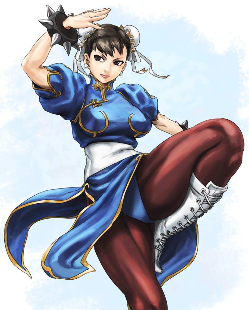 usatarou, chun-li, capcom, street fighter, 1girl, boots, bracelet, brown eyes, brown hair, bun cover, china dress, chinese clothes, double bun, dress, earrings, female focus, hair bun, jewelry, legs, muscular, pantyhose, pelvic curtain, solo, spiked bracelet, spikes, thick thighs, thighs