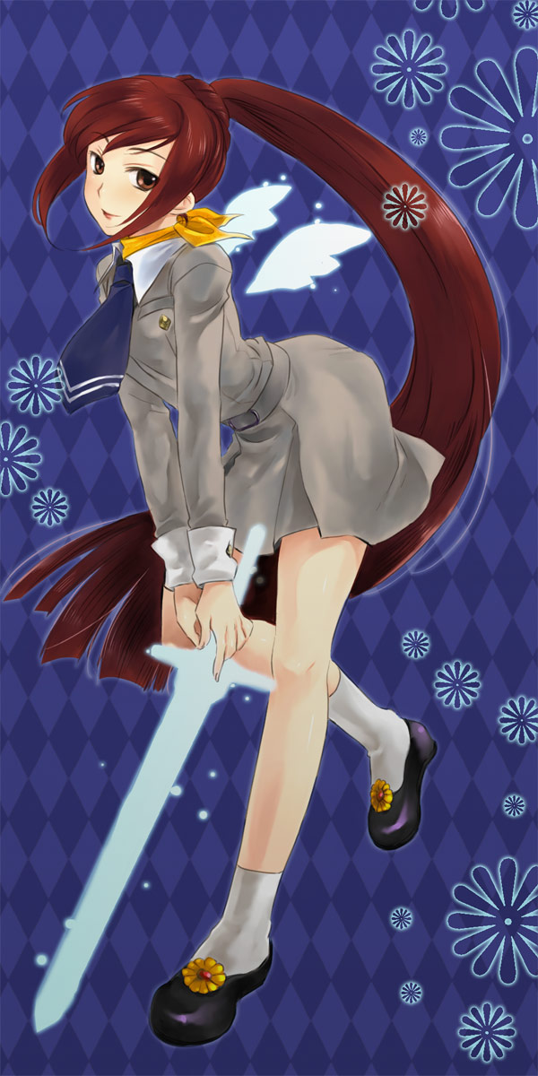 rakuto mangan, kirishima eriko, atlus, persona, persona 1, bad id, bad pixiv id, highres, 1girl, angel wings, ascot, belt, belt buckle, bent over, blue background, blue necktie, breasts, brown eyes, brown hair, buckle, closed mouth, daisy (flower), detached wings, energy, energy sword, energy weapon, eyebrows hidden by hair, facing viewer, female focus, flower, flower ornament, full body, glowing, glowing sword, glowing weapon, glowing wings, grey jacket, grey skirt, happy, high ponytail, holding, holding sword, holding weapon, jacket, long hair, long sleeves, looking at viewer, medium breasts, necktie, orange scarf, ponytail, red hair, scarf, school uniform, shoes, skirt, smile, socks, solo, st. hermelin school uniform, standing, sword, very long hair, weapon, white socks, wings
