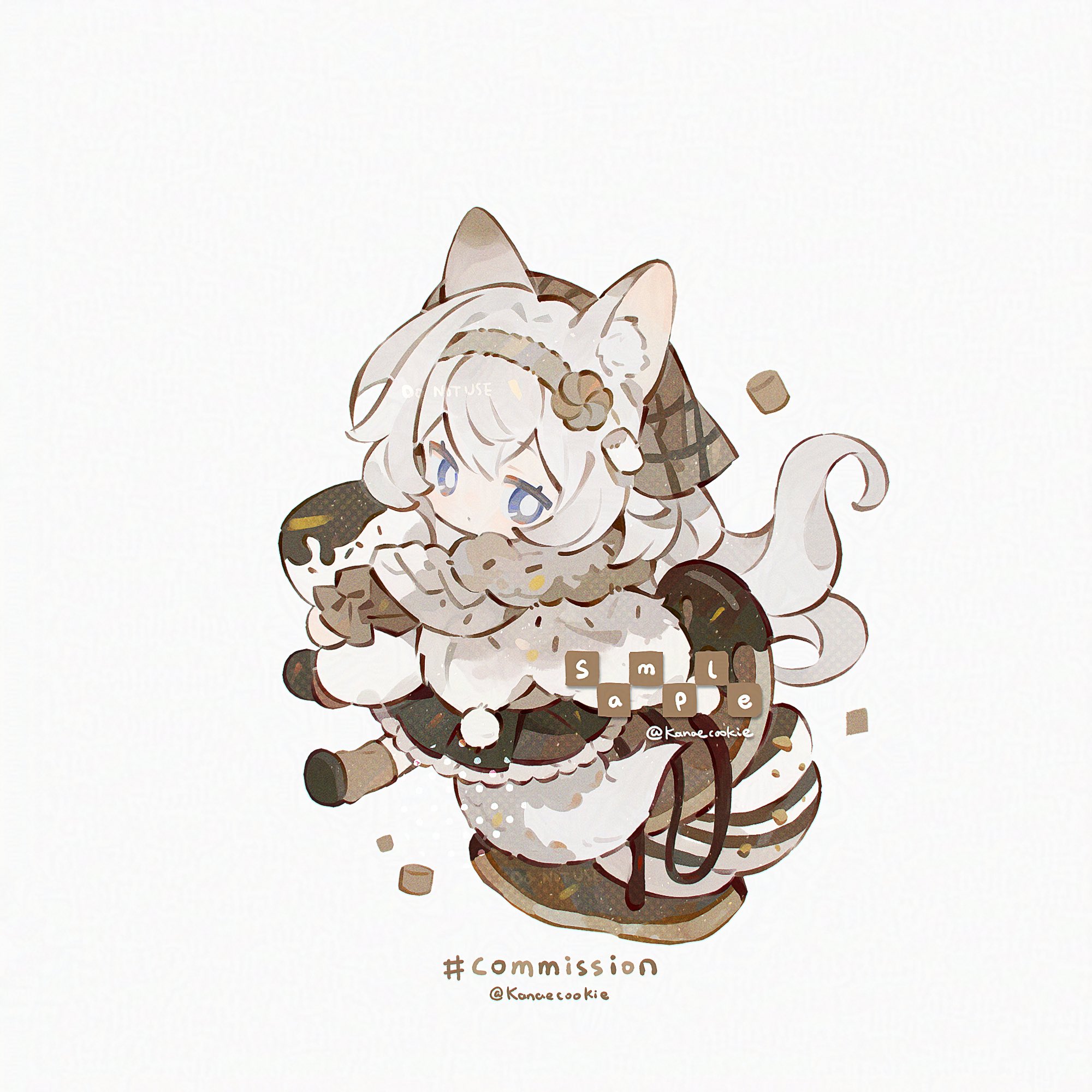 kanae (cookie), original, highres, 1girl, animal ear fluff, animal ears, black shoes, black skirt, blue eyes, bright pupils, brown headscarf, brown socks, cat ears, cat girl, cat tail, chibi, chibi only, closed mouth, donut, double-parted bangs, food, frilled skirt, frills, full body, headscarf, long hair, long sleeves, looking at viewer, pleated skirt, shirt, shoes, simple background, sitting, skirt, socks, solo, tail, white background, white hair, white pupils, white shirt