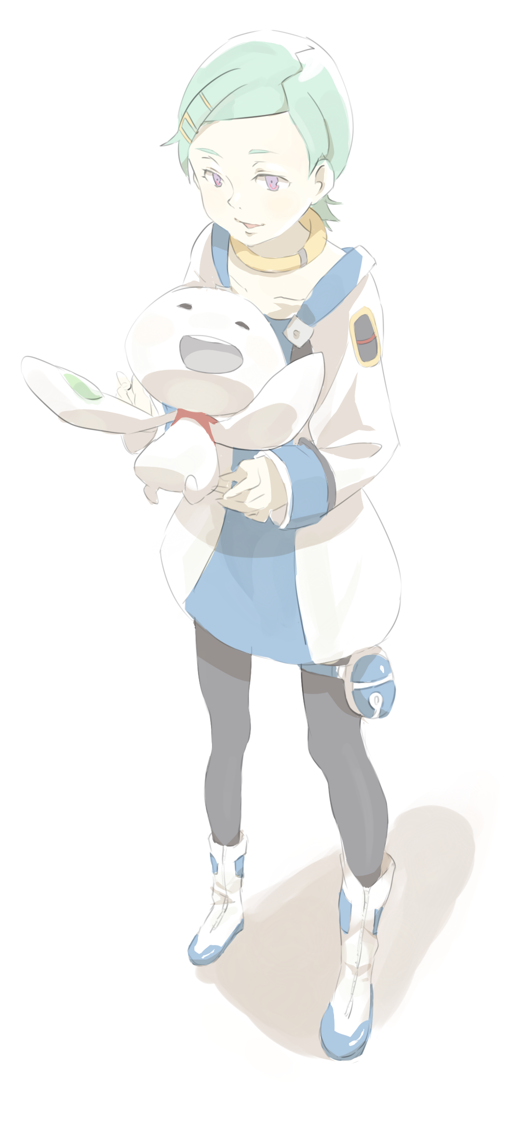 himano (artist), eureka (eureka seven), nirvash, eureka seven, eureka seven: pocket ga niji de ippai, eureka seven (series), bad id, bad pixiv id, highres, 00s, 1girl, animal, aqua hair, black pantyhose, boots, collar, female focus, hair ornament, hairclip, leggings, pantyhose, pink eyes, short hair, solo, thigh strap, white boots