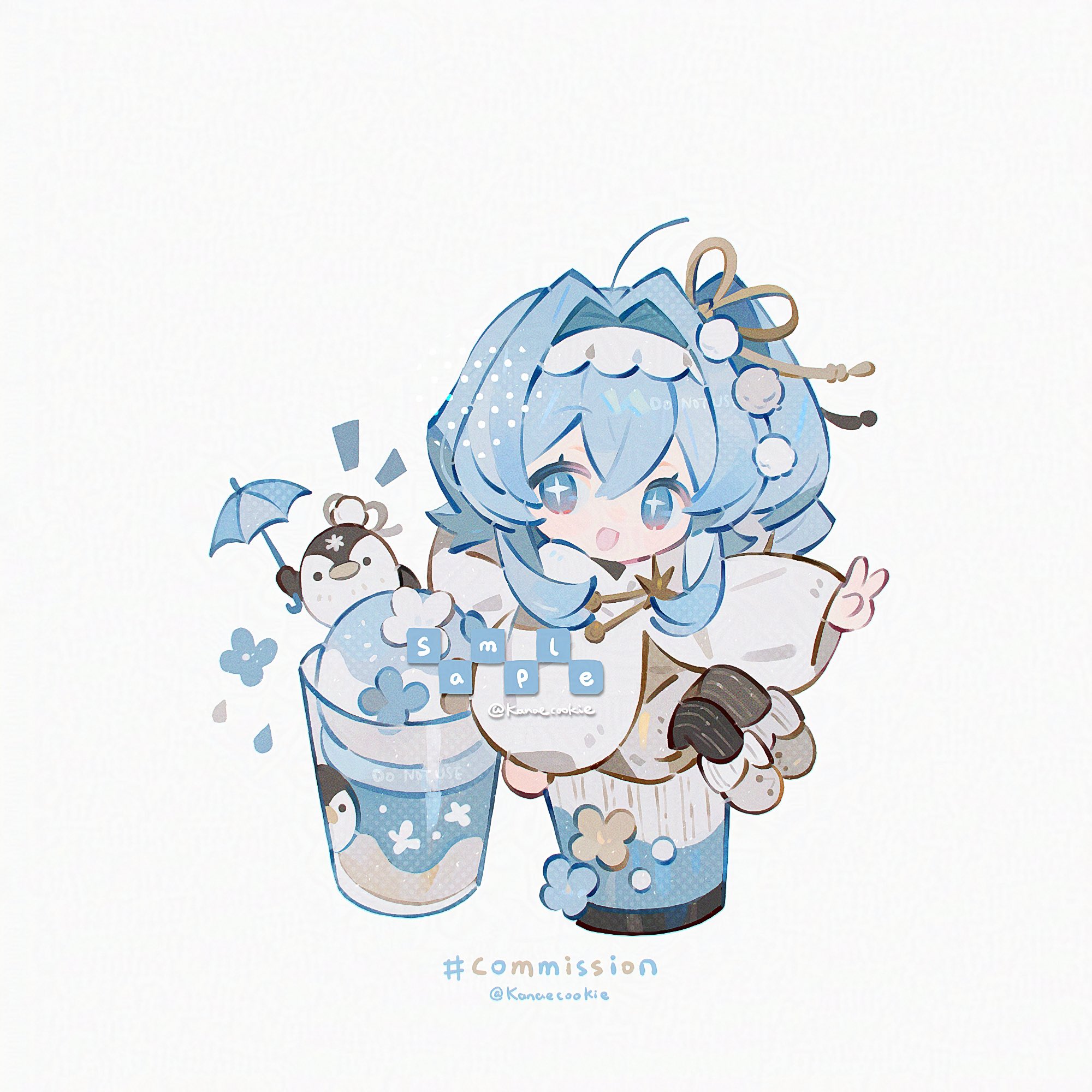 kanae (cookie), original, commission, highres, + +, 1girl, :d, bird, black pantyhose, blue hair, chibi, chibi only, cup, double-parted bangs, drinking glass, full body, grey shoes, hair intakes, long hair, long sleeves, looking at viewer, open mouth, pantyhose, penguin, sample watermark, shirt, shoes, side ponytail, simple background, sitting, smile, solo, twitter username, watermark, white background, white shirt, wide sleeves