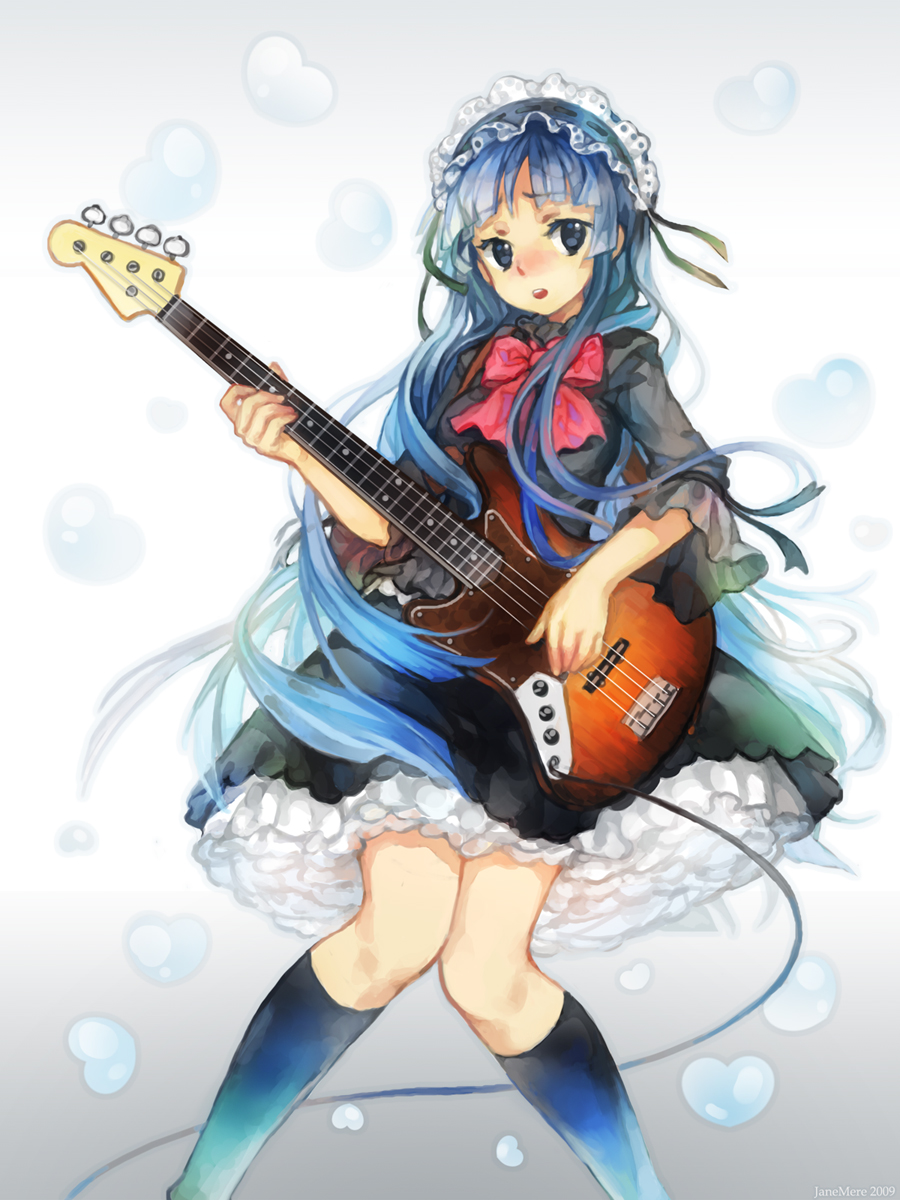 jane mere, akiyama mio, fuwafuwa time, k-on!, highres, 00s, 1girl, bass guitar, black eyes, blue hair, blush, female focus, frills, goth fashion, guitar, instrument, long hair, petticoat, socks, solo