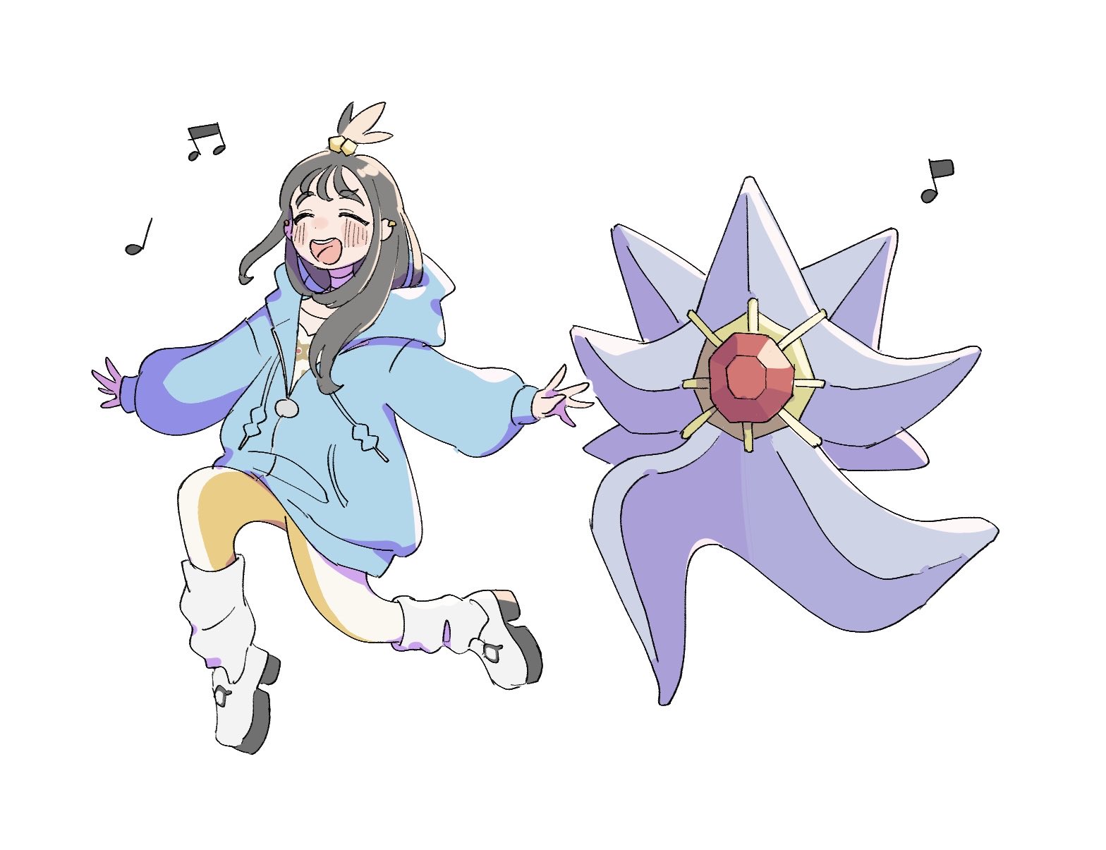 amino (2q8k0), lida (pokemon), mega starmie, starmie, staryu, nintendo, pokemon, pokemon legends: z-a, highres, 1girl, black hair, blue hoodie, blush, closed eyes, colored skin, cube hair ornament, earclip, full body, gem, gen 1 pokemon, hair ornament, happy, hood, hood down, hoodie, jacket, leggings, long hair, long legs, long sleeves, mega pokemon, musical note, no eyes, open mouth, orange leggings, pokemon (creature), purple skin, red gemstone, ribbed socks, shirt, shoes, simple background, skipping, smile, socks, starfish, topknot, two-tone legwear, white background, white leggings, wispy bangs