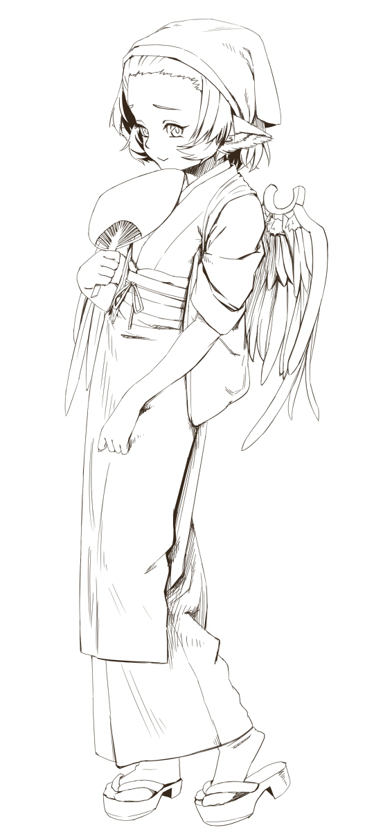 shiba itsuki, mystia lorelei, okamisty, touhou, bad id, bad pixiv id, highres, 1girl, animal ears, clog sandals, female focus, forehead, greyscale, hand fan, headscarf, japanese clothes, monochrome, okobo, platform sandals, sandals, short hair, simple background, solo, white background