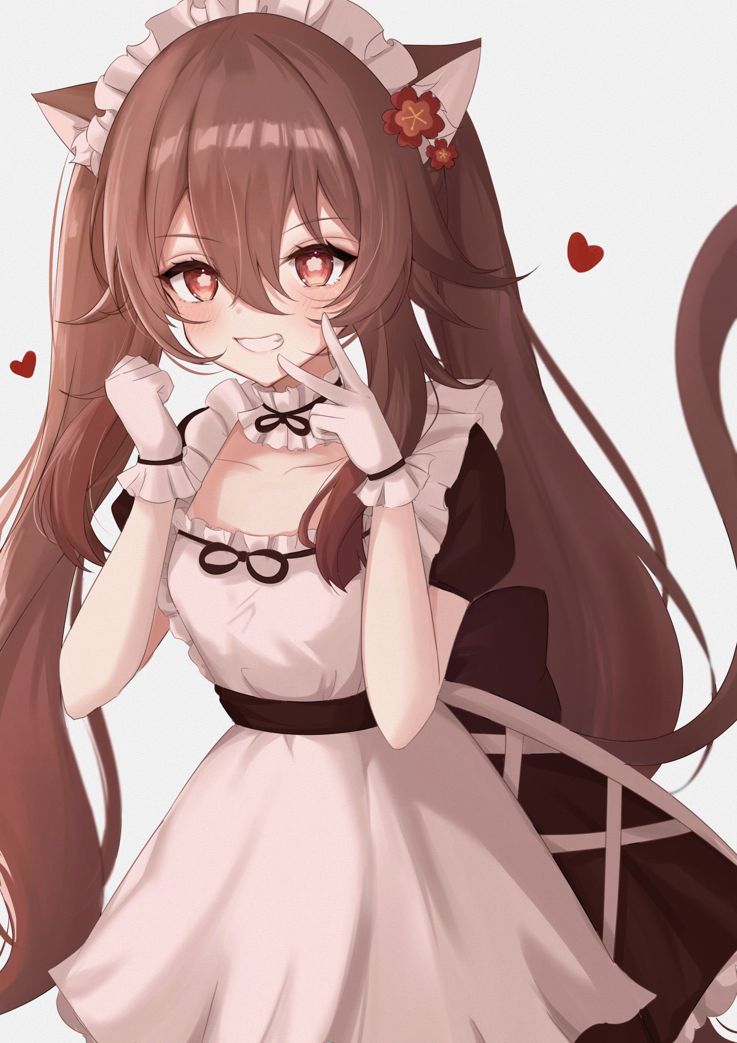 komor yuki, hu tao (genshin impact), genshin impact, highres, 1girl, alternate costume, animal ears, apron, blush, brown dress, brown hair, cat ears, cat girl, cat tail, dress, flower-shaped pupils, frilled apron, frills, gloves, hair between eyes, long hair, looking at viewer, maid, maid apron, maid headdress, red eyes, smile, solo, symbol-shaped pupils, tail, teeth, unconventional maid, very long hair, white apron, white gloves