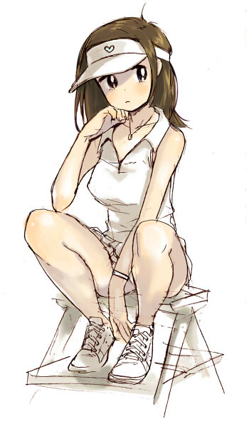 mago, visor, 1girl, blush, brown hair, female focus, long hair, sitting, skirt, solo, sportswear, tennis uniform, visor cap