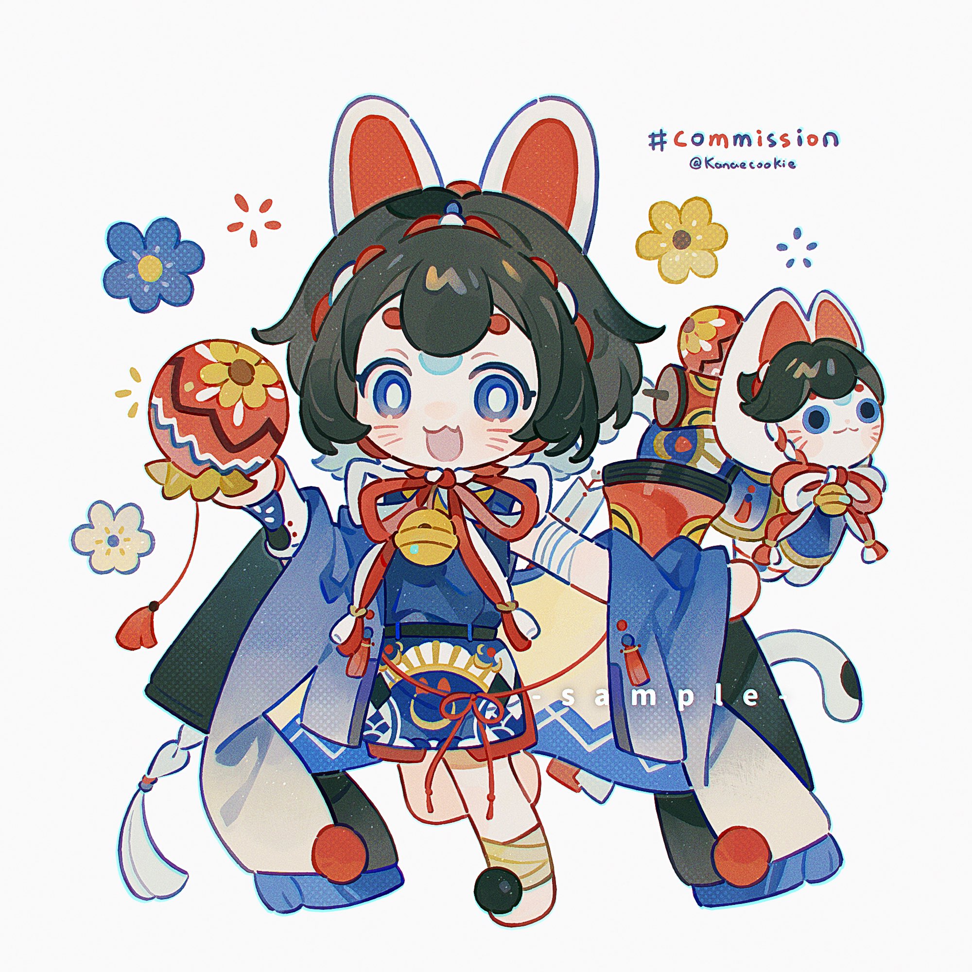 kanae (cookie), original, commission, highres, 1girl, :3, :d, animal ears, ball hands, bandaged leg, bandages, barefoot, black hair, blue dress, blue eyes, blush, bright pupils, chibi, chibi only, double-parted bangs, dress, fang, full body, looking at viewer, open mouth, rabbit ears, rabbit girl, sample watermark, short hair, simple background, skin fang, sleeveless, sleeveless dress, smile, solo, standing, standing on one leg, thick eyebrows, twitter username, watermark, white background, white pupils