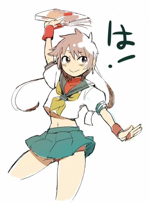 mago, kasugano sakura, capcom, street fighter, 1girl, blue sailor collar, blush, book, brown hair, buruma, female focus, fingerless gloves, gloves, headband, midriff, sailor collar, school uniform, short hair, skirt, smile, solo