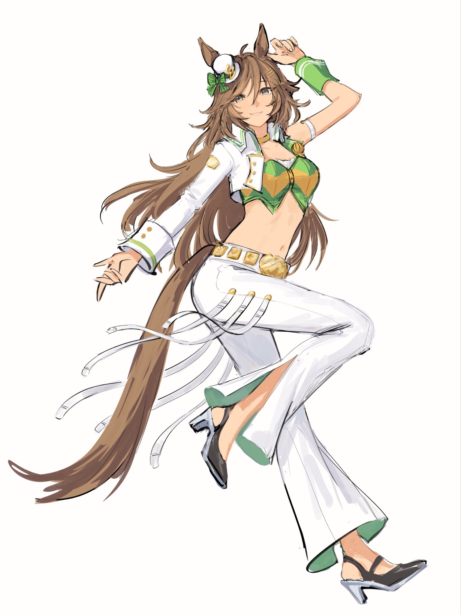 cereu57, mr. c.b. (clear bliss) (umamusume), mr. c.b. (umamusume), umamusume, highres, 1girl, ahoge, animal ears, asymmetrical jacket, blue eyes, breasts, brown hair, choker, full body, green shirt, hair between eyes, hair ornament, hairclip, hat, high heels, horse ears, horse girl, horse tail, jacket, long hair, long sleeves, looking at viewer, midriff, mini hat, mini top hat, navel, pants, parted lips, shirt, simple background, single bare shoulder, single sleeve, single wrist cuff, smile, solo, strapless, strapless shirt, tail, top hat, white background, white jacket, white pants, wrist cuffs, yellow choker