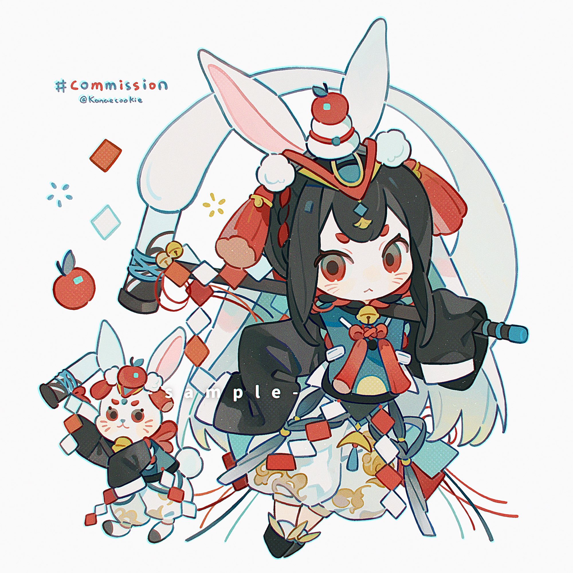 kanae (cookie), original, commission, highres, 1girl, :<, animal ears, apple, bell, black hair, black shirt, black shoes, blush, chibi, chibi only, closed mouth, double-parted bangs, food, fruit, full body, long hair, long sleeves, looking at viewer, multicolored hair, neck bell, pants, rabbit, rabbit ears, rabbit girl, red eyes, shirt, shoes, simple background, sleeves past fingers, sleeves past wrists, solo, standing, thick eyebrows, twitter username, white background, white hair, white pants