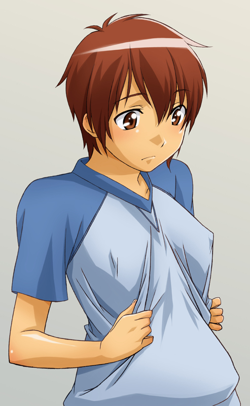 sawa jaaji, takatsuki yoshino, hourou musuko, 1girl, androgynous, blush, breasts, brown eyes, brown hair, child, covered erect nipples, female focus, medium breasts, raglan sleeves, reverse trap, short hair, solo, tomboy