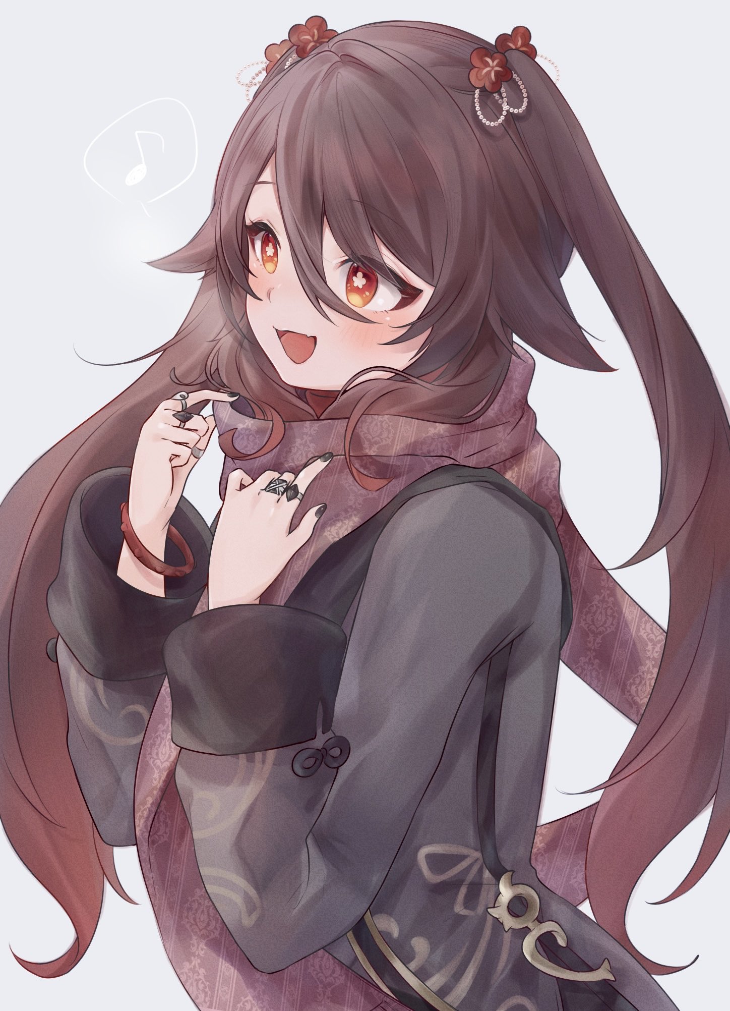 engasaki sakura, hu tao (genshin impact), genshin impact, highres, 1girl, black nails, brown hair, brown shirt, flower, flower-shaped pupils, hair between eyes, hair flower, hair ornament, long hair, long sleeves, looking at viewer, open mouth, red eyes, red scarf, scarf, shirt, smile, solo, symbol-shaped pupils, twintails