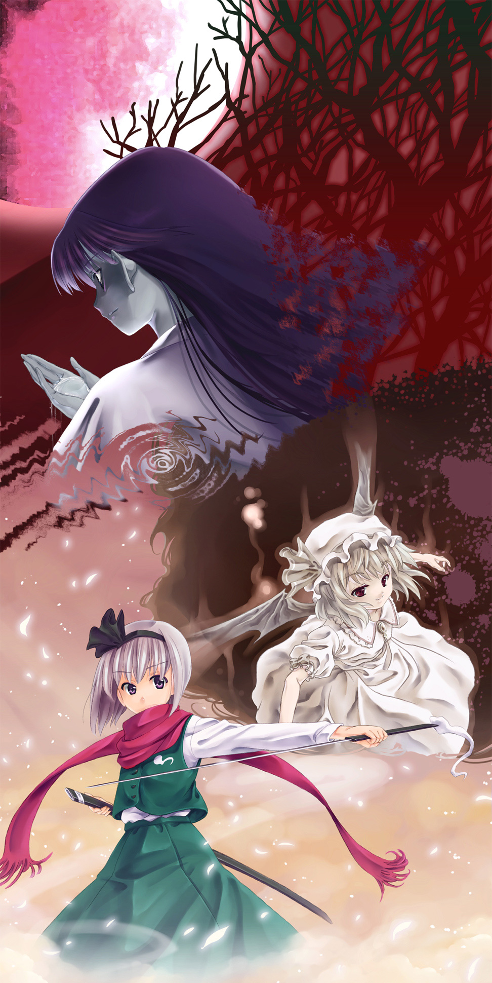 imo (artist), imo (ryokyou), houraisan kaguya, konpaku youmu, remilia scarlet, touhou, highres, 3girls, alternate color, back, bat wings, branch, female focus, full moon, hat, long hair, long sleeves, moon, multiple girls, outstretched arm, outstretched hand, pale skin, purple eyes, purple hair, red eyes, scarf, short hair, short sleeves, skirt, smile, sword, water, weapon, white hair, wind, wings