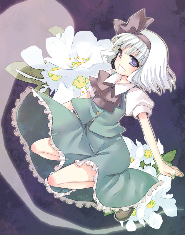 midori (green tea), midori (pixiv), konpaku youmu, konpaku youmu (ghost), touhou, bad id, bad pixiv id, 1girl, blue eyes, bob cut, bow, bowtie, female focus, floral background, flower, hairband, hitodama, jumping, open mouth, outstretched arms, puffy sleeves, skirt, smile, solo, spread arms, vest, white hair