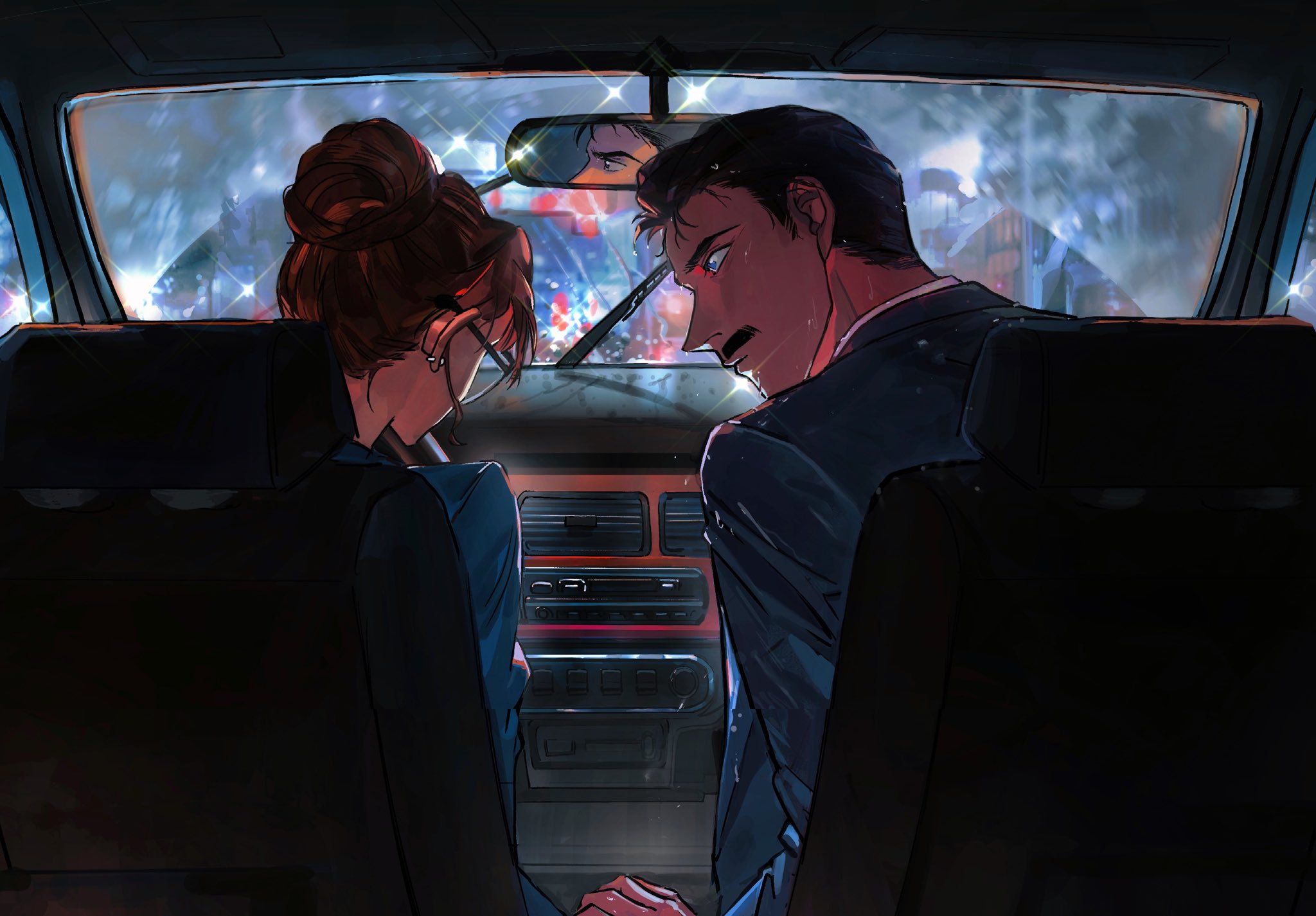 mercuryxun, kisaki eri, mouri kogoro, meitantei conan, commentary, highres, 1boy, 1girl, black hair, brown hair, car interior, couple, earrings, facial hair, from behind, glasses, hair bun, husband and wife, jewelry, looking at another, mustache, single hair bun, sitting