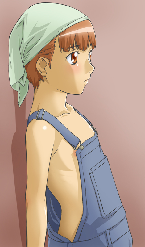 sawa jaaji, nitori shuuichi, hourou musuko, 1boy, androgynous, bandana, brown eyes, brown hair, child, male focus, naked overalls, overalls, ribs, short hair, solo, trap