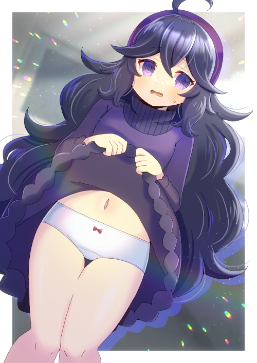 kou hiyoyo, hex maniac (pokemon), nintendo, pokemon, commentary request, commission, skeb commission, 1girl, @ @, ahoge, black hair, blurry, blurry background, border, bow, bow panties, breasts, clothes lift, dress, dress lift, feet out of frame, hair between eyes, hairband, knees together feet apart, lifting own clothes, long hair, long sleeves, medium breasts, navel, open mouth, outside border, panties, purple dress, purple eyes, purple hairband, solo, thigh gap, underwear, very long hair, wavy hair, white border, white panties