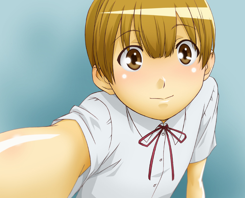 sawa jaaji, nitori shuuichi, hourou musuko, 1boy, androgynous, blush, brown eyes, brown hair, crossdressing, crossdressing (mtf), male focus, short hair, smile, solo, trap