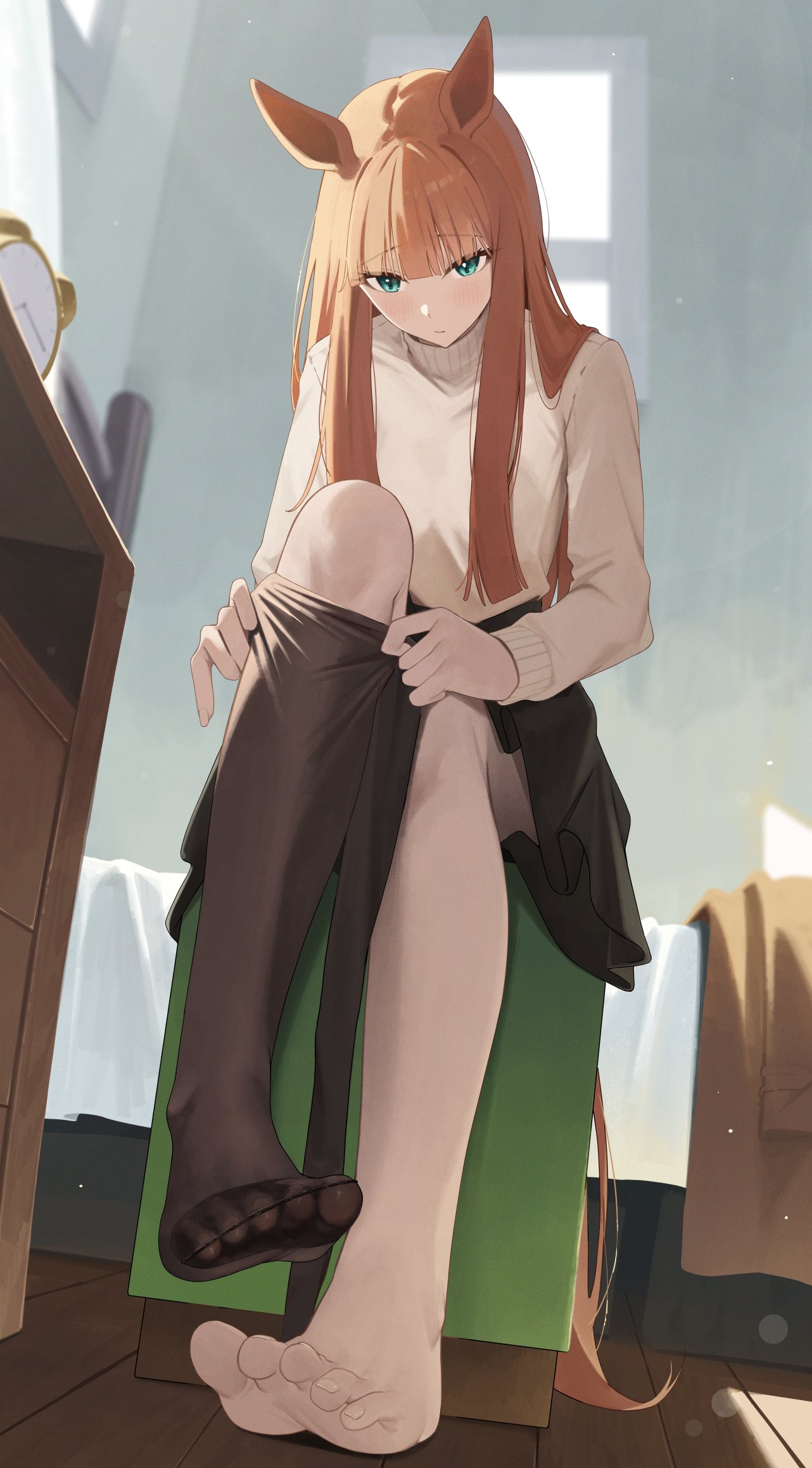 ningen gokko, silence suzuka (umamusume), umamusume, commentary request, highres, 1girl, adjusting clothes, adjusting legwear, alternate costume, animal ears, aqua eyes, bed, black pantyhose, blurry, blush, bokeh, brown sweater, closed mouth, depth of field, drawer, dress-up, feet, from below, horse ears, horse girl, horse tail, indoors, long hair, long sleeves, looking at viewer, orange hair, orange tail, pantyhose, sitting, solo, sweater, tail, toes, turtleneck, turtleneck sweater, window shadow, wooden floor